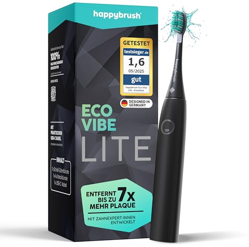 happybrush® Schallzahnbürste Eco Vibe LITE – TESTSIEGER – 100 Tage testen - Elektrische Zahnbürste mit 8 Wochen Power Akku – Ultraschall Zahnbürsten – 2 Jahre Garantie - AllBlack