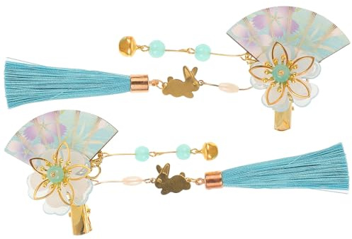 IMIKEYA Lot de 2 Pinces à Cheveux Kimono Japonaises Bleues, Ornements Floraux Pompons, Perles et Clochettes, Accessoires Traditionnels pour Coiffures de Fête, Cosplay et Mariages