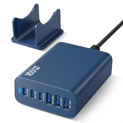 Charging Station 6 Ports Fast Charger, 165W USB-C Charger Fast Charging Plug, PD Power GaN Charger Compatible with iPhone 17/16/15 Pro, iPad, Laptops, Galaxy – Ideal for Home & Travel (Blue)