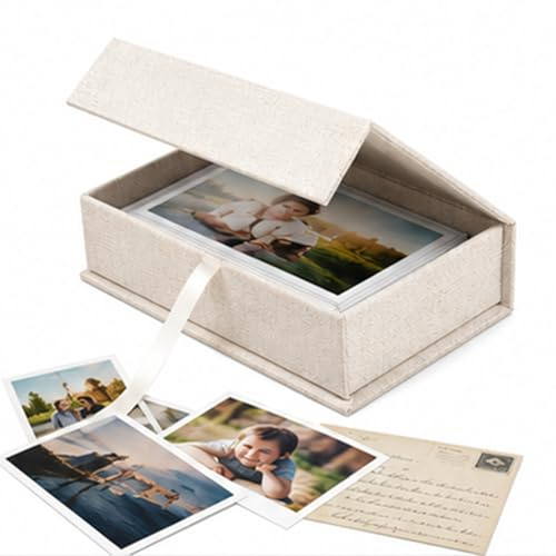 InYoHui Fotobox Aufbewahrungsbox 10x15 cm, Leinen Creme, Magnetverschluss | Leinen-Fotobox für 150 Fotos 10x15 cm. Magnetverschluss, stapelbar. Auch für Urkunden & Schmuck. 17,5x12x4 cm.