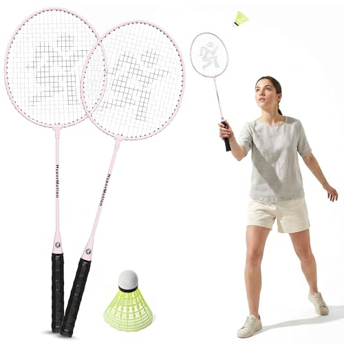 HyperMotion Badminton Set 2 Schläger und Federball, Legierter Stahl, Leichtbau, für Kinder ab 10 Jahren und Erwachsene, Garten Park Strand, Rosa, 66 x 20 cm