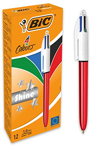 BIC 4 Farben Kugelschreiber Set 4 Colours Shine, Schaft in metallic rot, 12er Pack, Ideal für das Büro, das Home Office oder die Schule