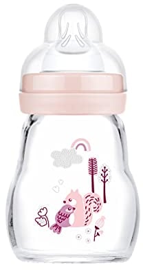 MAM Feel Good Babyflasche aus Glas (170 ml), Milchflasche mit weiter Öffnung, stabile Baby Trinkflasche mit Sauger Gr. 1, ab der Geburt, Eichhörnchen/Vogel