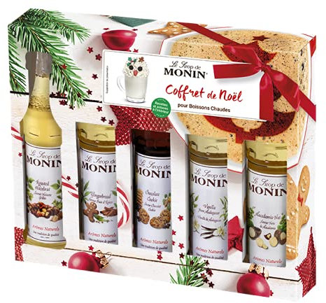 MONIN - Coffret de Noël pour Boissons Chaudes - Noisette Grillée, Pain d'Epices, Chocolat Cookie, Vanille et Noix de Macadamia - 5x5cl