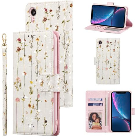UEEBAI Wallet Case for iPhone XR, PU Leather Phone Case Kickstand RFID Blocking Flip Case with Card Slots Wrist Strap Relief Engraved Pattern Magnetic Closure Folio Case - Vine
