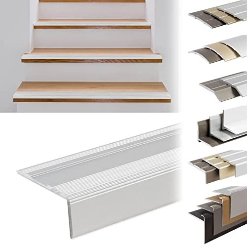 KARAT Treppenkantenprofil aus Aluminium 90cm lang 1 Stück inkl. Schrauben und Dübeln | Stufenkantenprofil Vorgebohrt in L-Form | Winkelprofil 36mm Breite x 17 mm Höhe (Silber) Glory