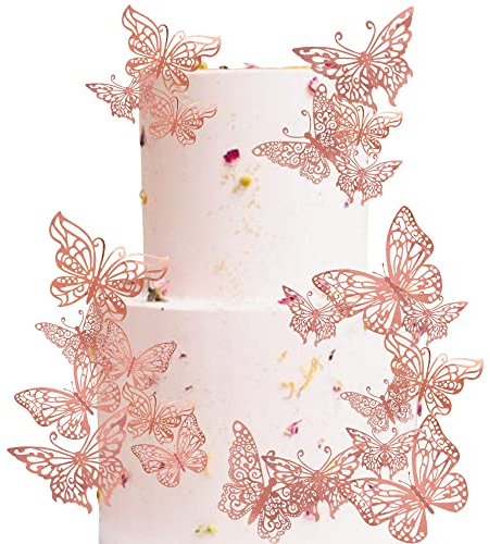 SYKYCTCY 40 Pack 3D Butterfly Cake Toppers Hollow Butterfly Cake Picks Mixed Styles Double Layer Butterfly Decorations for Baby Shower Wedding Kids Birthday Party Supplies Rose Gold