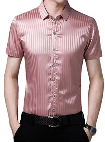 Hndudnff Chemise d'été à manches courtes en satin pour homme, rose, XXL