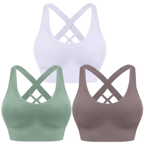 HANERDUN Damen Mittle Halt Sport BH Crossback Push up Yoga Bra Nahtlose Ohne Buegel mit Abnehmbaren Gepolstert für Fitness Lauf Joggen