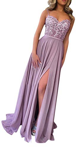 Abendkleid Lang - Spitzenkleid Sexy Spaghetti-Träger Kleider Festlich Elegant mit Schlitz Abendkleider für Hochzeit Brautjungfernkleider Ballkleider Prom Party Kleid Maxikleider