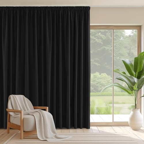 PONY DANCE Lichtdichte Vorhänge mit Kräuselband für Schienen 1 Stück Extra Breite Gardine Schwarz Blickdicht Thermovorhänge gegen Hitze Blackout Curtains for Living Room, H 260 x B 300 cm