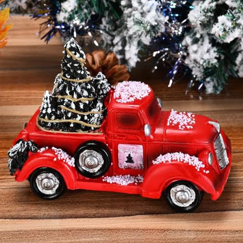 Vintage Roten LKW Dekor Weihnachts Pickup Modell Weihnachten Vintage Truck Modellauto Deko mit Mini Weihnachtsbäume Weihnachtsfiguren für Tisch Kaminsims Regal Deko