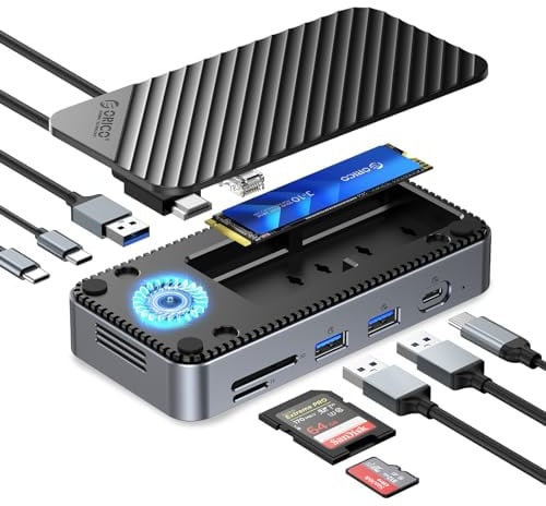Station d'accueil USB C 10 en 1, ORICO USB-C HUB avec Ventilateur Intégré, 10 Gbps USB 3.2 Gen2 M.2 NVMe/SATA SSD Adapter Compatible Boîtier SSD M2 Support 4K HDMI, 100W PD, SD/TF, Gigabit Ethernet