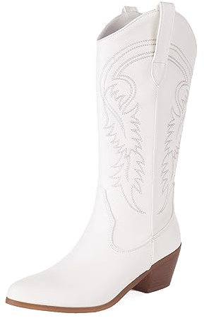 COOLCEPT Donna Wetsern Cowboy Stivali Embroidered Stivali al Polpaccio Pull on Tacco Chunky Cowgirl Stivali White Taglia 40