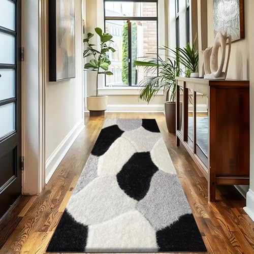 Door Mat Indoor 60 x 110 cm - Super Soft Dense Pile Heavy Weight Thick Solid Shaggy Box Pattern Bedroom Decor Washable Kitchen Rug -Pona Black White Silver