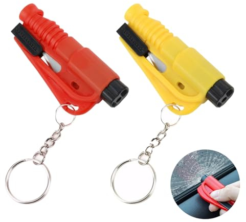 Meifiyu 2 Stück Gurtschneider Notfallhammer, Notfallhammer Auto, Nothammer Auto, Auto-Sicherheits-Schlüsselanhänger, 3 in 1– Notfall-Glasbrecher, Gurtschneider, Notfallpfeife (Rot + Gelb)