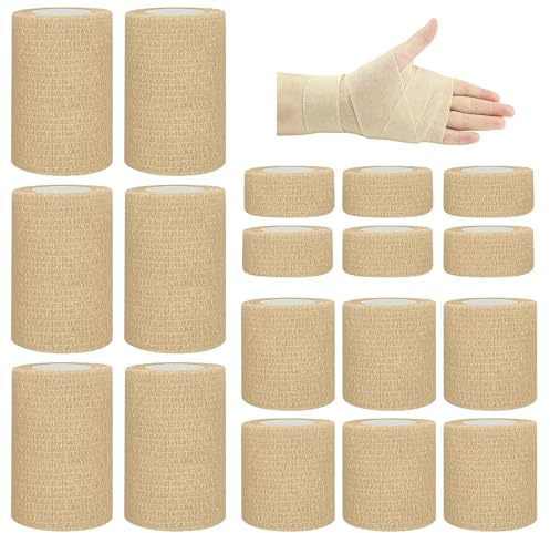 BIRDDIE 18 Rouleaux 1/2/3 Bandage Autoadhésif Cohésifs Bande Cohesive | Beige Medical pour Premiers Secours Bandage Pansements Elastique Bande Animal Vétérinaire pour Poignets Cheville Mains Pieds