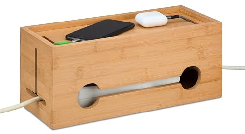 Relaxdays Kabelbox für 2 Steckdosenleisten, Bambus, HxBxT: 14 x 34,5 x 14 cm, Kabel verstecken, Steckdosenbox, natur