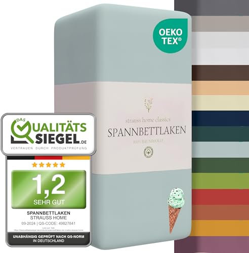 Strauss Home ® Jersey Spannbettlaken Spannbetttuch Bettlaken 100% Baumwolle 180x200-200x200 cm (Minzblau/Mint)