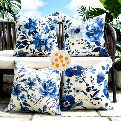 Dorunfeey 4er Set wasserdichte Kissenbezüge Blau 40x40cm Kissenbezug Modern Chinesischer Blume Deko Kissen Leinen Quadratisch Sofakissen Dekokissen für Couch Sofa Kissen Outdoor Deko