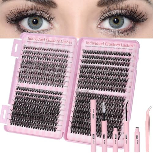 Aomig Wimpernverlängerung Set 642 PCS DIY Cluster Lashes 9-16mm Längenmix 8 Längen Umweltschonendes Material mit Katzenaugen-Effekt Pinzette Kleber inklusive Natürlicher Look für Auftritt Alltag Party