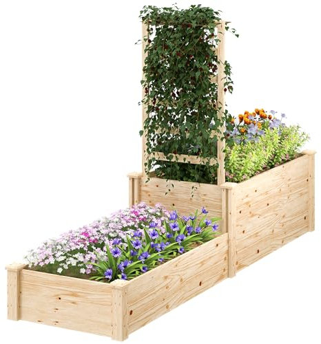 Outsunny Jardinière avec Treillis, lit surélevé de Jardin, jardinière extérieure à 2 bacs avec Fond Ouvert, bac à Fleurs en Bois pour Balcon terrasse Patio, 222 x 63 x 132 cm, Effet Bois Naturel