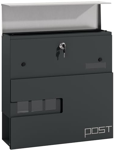 HOMCOM Cassetta postale a muro in acciaio con finestra di visualizzazione, serratura, anima in rame, cassetta postale per esterni, 37 x 10,5 x 37 cm, grigio scuro