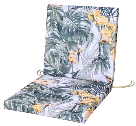SOFTILLO Waterproof Low Back Chair Cushion With Ties - 100x45x4cm - Indoors/Outdoors Patio Seat Pad Cushion For Garden Chairs, Loungers, Recliner, Relaxer - Water-Resistant Material - Monstera