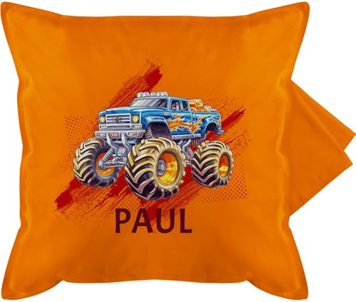 Kissenbezug - Auto - Monstertruck mit Name | Monster Truck Personalisiert | Riesentruck - 50 x 50 cm - Orange - Kissen automotiv Kinder rennauto Cars Motiv polsterbezug Automotive Autos