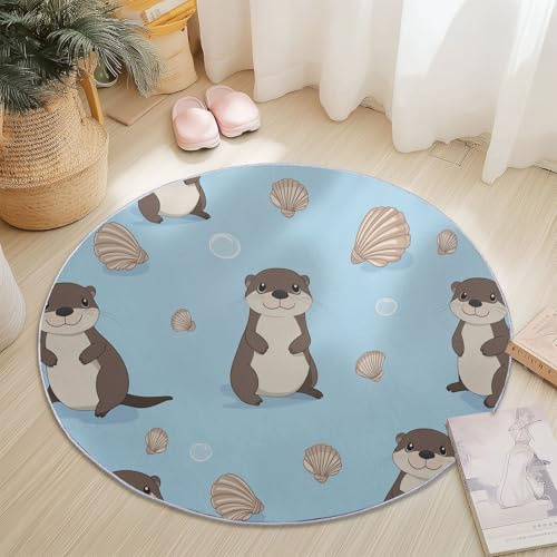 Generisch Runder Teppich Süßer Otter Muster 100 cm, Hellblau | Waschbar, Kurzflor, Für Wohnzimmer Schlafzimmer Esszimmer Kinderzimmer Flur, Rutschfest