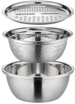 Multifunction Stainless Steel Basin, Mixing Bowl Set Grater Bowl Drain Basket Vegetable Cutter, Salad Maker Bowls, Rice Washing Bowls and Strainer, Kitchen Tools for Fruit Vegetable