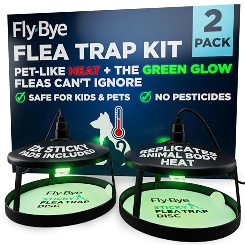 Fly-Bye Flea Trap Kit with Unique Green Light – 2 Flea Traps with 12 Non-Toxic Sticky Pads – Unscented Flea Killer for Home – No Spray or Flea Bomb Needed - Green Light and Heat Irresistible to Fleas
