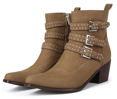 Western Style Women's Ankle Boots With Double Buckle And Studs Mid-Heel Suede Upper Square Toe Fashionable Cowboy Boots For Women Country Concerts Booties Brown US9