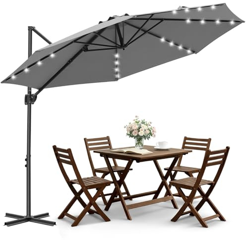 Jaxguom Sonnenschirm，Ampelschirm + Abdeckung LED Solar Ø 300 cm mit Kurbel, Sonnenschirm mit Ständer 360° Funktion, Kurbelschirm Marktschirm Wasserdicht (Grau)