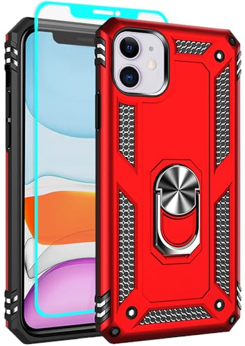 Yiakeng iPhone 11 Phone Case, iPhone 11 Case With Screen Protector, Silicone Shockproof Military Grade Protective Phone Cover with Ring Kickstand for iPhone 11 (Red)