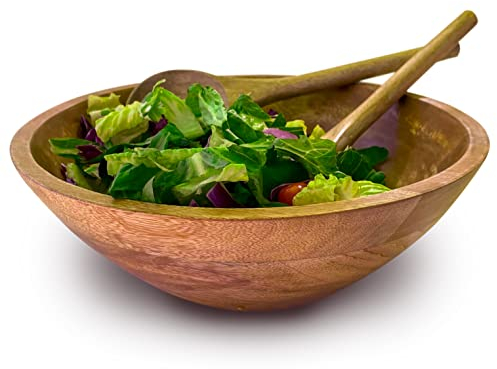 Fairwood Way - Large Wooden Salad Bowl Set - 1/2 Thick Mango Wood Serving Bowl with Utensils, Rustic Wooden Mixing Bowls, Decorative Kitchen Dinnerware for Popcorn, Pasta, & Chips, Dishes - 12 Inch
