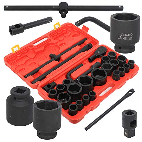 DIFU Jeu de douilles 26 pièces 3/4 et 1 21-65 mm Douilles voiture Camion Boîte à cliquet Kit d'outils