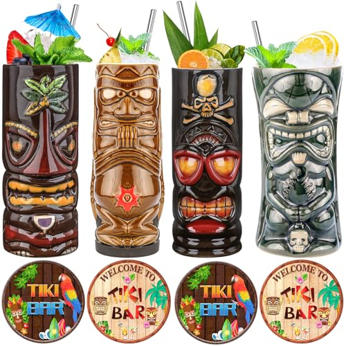 Tiki Tassen Set mit 4 großen Keramik-Tiki-Gläsern, hawaiianische Luau-Party-Tassen, Trinkgeschirr, Tiki-Bar-Tassen für Cocktails