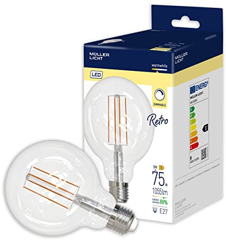 Müller-Licht Retro DIM LED Globeform Filament E27 klar, 9W ersetzt 75W, nostalgisches warmweißes Li 401069