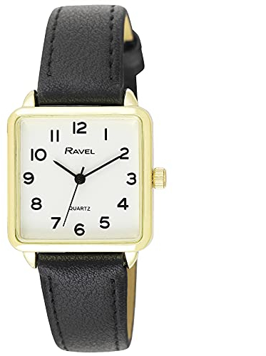 Ravel Damen-Armbanduhr, klassisch, quadratisch, mit klaren Ziffern - Schwarz/Goldfarben