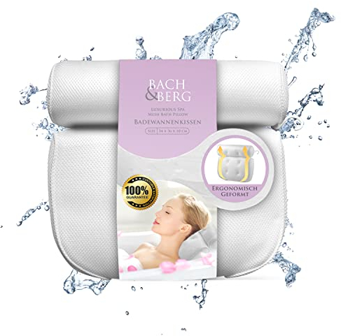 Bach&Berg® Luxury Bath Pillow with 4D Air Mesh Technology | Ergonomic Head, Neck and Back Support | With 6 Non-Slip Suction Cups | Fits All Bathtubs and Hot Tubs | Perfect Bathroom Accessory