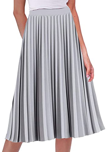 Elastischer Faltenrock für Damen, hohe Taille, A-Linie, Midi-Swingrock, schicker Vintagerock, grau, L