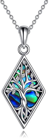 YAFEINI Rhombus Tree of Life Pendant Necklace Sterling Silver Abalone Shell Tree of Life Jewellery Gift for Women Men (K-Rhombus Tree of Life Necklace)