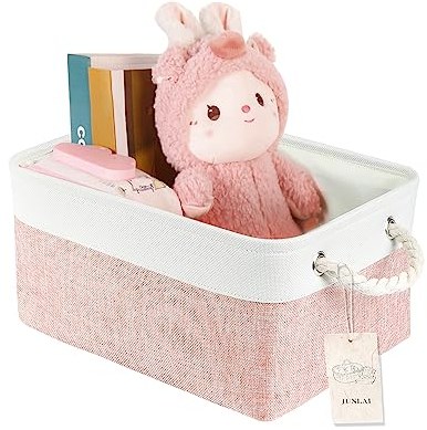JUNLAI Storage Baskets with Handles, Foldable Small Storage Box, Fabric Wardrobe Storage Basket for Office & Home, Book, Clothes, Toys(Pink and White, Small)