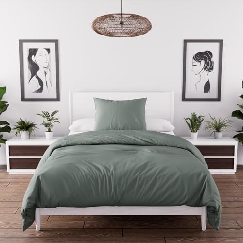 Intemporel Parure Housse de Couette en Microfibre lavée 140x200 cm Boheme Vert Kaki, par Soleil d'Ocre