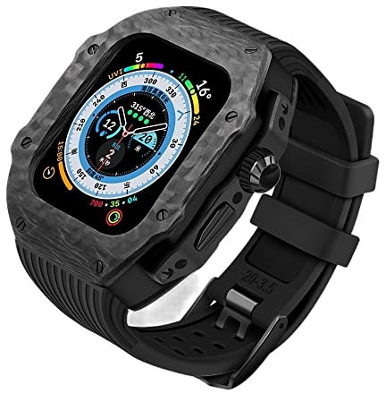 FFHAO Kit di Modifica di Lusso per Apple Watch Ultra 49mm Custodia in Fibra di Carbonio per iWatch 8 7 6 5 4 SE 45mm 44mm Cinturino in Gomma al Fluoro, 49mm, Agata