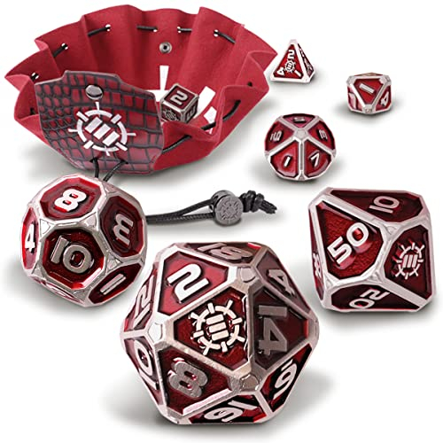ENHANCE Würfelset aus Metall – 7 polyedrische Würfel mit 2-in-1-Würfeletui und Würfeltablett aus veganem Leder, Würfel aus massivem Metall für Dungeon and Dragon RPG (Rot Sammleredition)