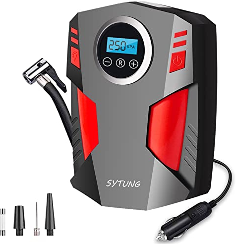 SYTUNG Digital Tyre Inflator, Portable Air Compressor Car Tyre Pump with 3 Nozzle Adaptors and Digital LED Light, 12V Rapid Electric Car Tyre Inflator Air Pump for Car Tires and Other Inflatables