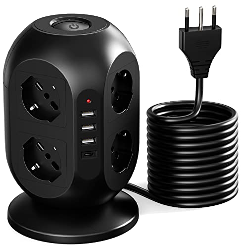 ZOVCAL Ciabatta Multipresa Verticale con 8 Prese e 3 USB, 1 USB C, Elettrica, Protezione Sovratensione, con Cavo 2M e Interruttore, Modello Italiano 2500W
