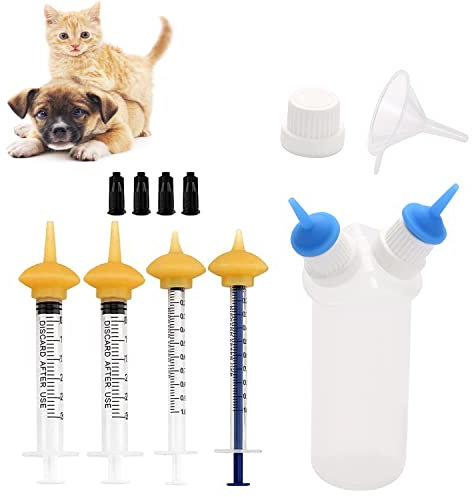 Gufastoe Pet Feeding Bottle with Two Silicone Nipple and Syringes for Puppy Dog Cat or Other Pets